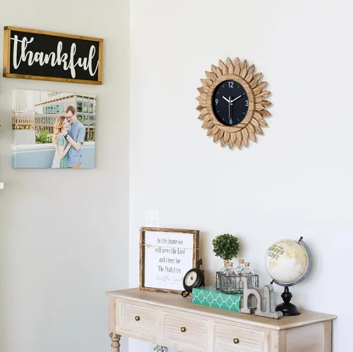 Miniatura 6 de Honiway Reloj de pared a pilas de 12 pulgadas, de madera rústica, bohemio, con diseño sunburst, reloj de pared decorativo silencioso sin tictac