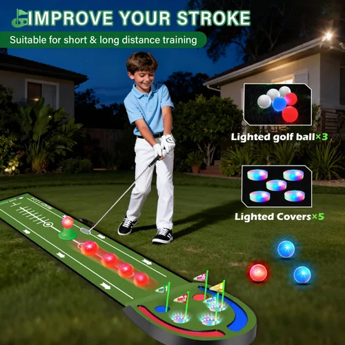 Miniatura 2 de VATOS Alfombra de Golf Mejorada para Interior para Niños - Juego de Golf con Bolas LED, Copas Luminosas, Hierros y Putters, Alfombra de Golf