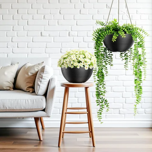 Miniatura 4 de Asnext Maceta colgante de 10 pulgadas con patrón de línea para plantas de interior y exterior, paquete de 2 macetas colgantes redondas para plantas
