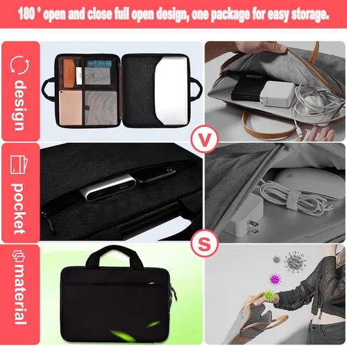 Miniatura 5 de Hseok Funda para laptop de 13.3 a 14 pulgadas, portafolios de 180 grados resistente al agua y a los golpes con forro de terciopelo suave, compatible