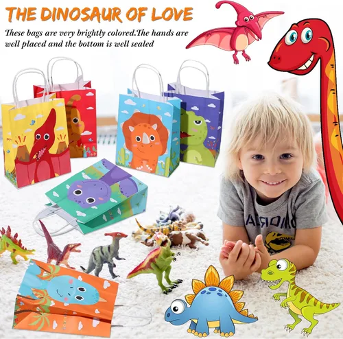 Miniatura 6 de Pajean 24 bolsas de caramelos de dinosaurio con asa, bolsas de papel de recuerdo de fiesta de dinosaurios, regalos para niños, envoltura