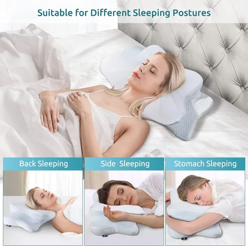 Miniatura 4 de DONAMA - Almohada cervical ortopédica para alivio de dolor del cuello, espuma viscoelástica contorneada, soporte ergonómico para dormir de lado, Azul
