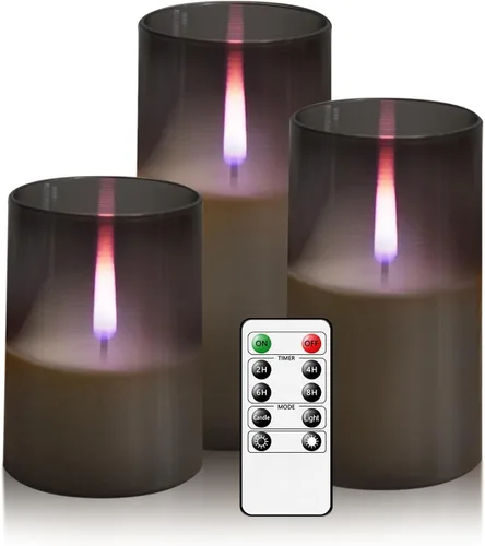 kakoya Velas sin llama mejoradas de parpadeo realista, velas LED operadas por batería con control remoto y temporizadores, juego de 3 velas Gris