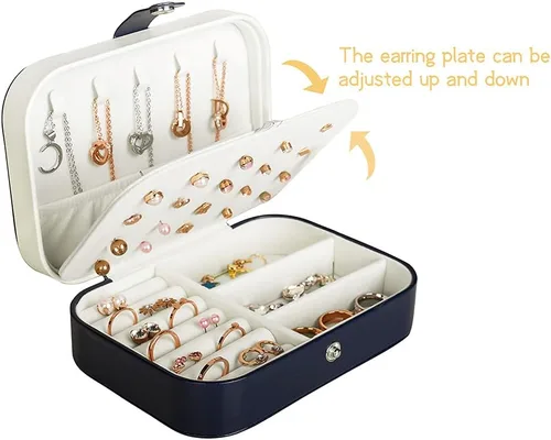 Miniatura 4 de Joyero para viaje, pequeño organizador de piel sintética para mujeres y niñas, estuche miniatura de viaje de doble capa, portátil, de exhibición