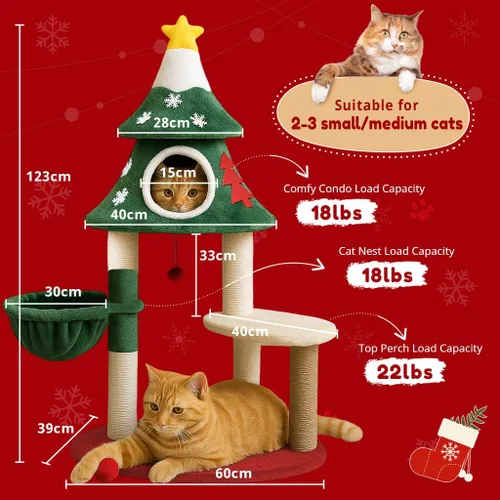 Miniatura 2 de LUCKLIFE Árbol de Navidad para gatos de 48 pulgadas con 2 casas acogedoras, torre moderna para gatos con kit antipuntas, perchas de felpa y bolas