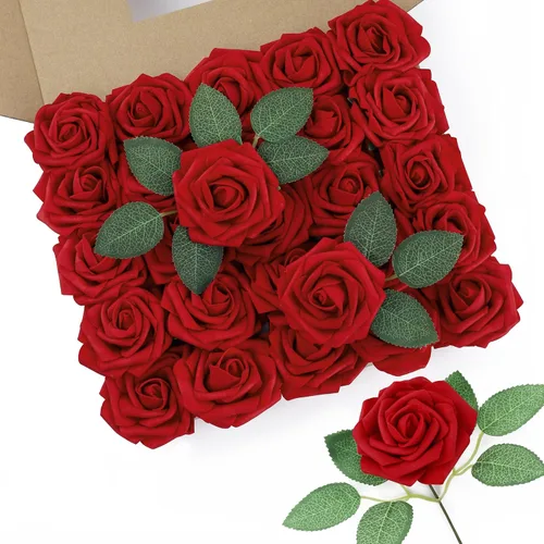 Miniatura 18 de DuHouse 25 rosas artificiales con tallos, flores de espuma de tacto real para bricolaje, ramo de boda, centro de mesa, arreglo floral, fiesta, Verde