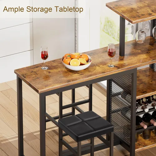 Miniatura 6 de VECELO Bar Table and Chairs Set for 2, 3-Piece Dining Set with Storage Shelves, Cup Holder & Wine Rack, PU Leather Cushion Stools, for Kitchen Small
