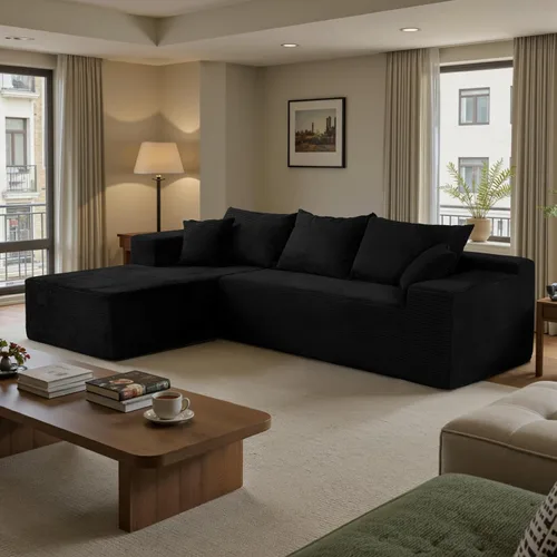 Sofás seccionales negros para sala de estar, sofá sin estructura rígida con chaise en forma de L, sofá modular en caja con asiento profundo, no