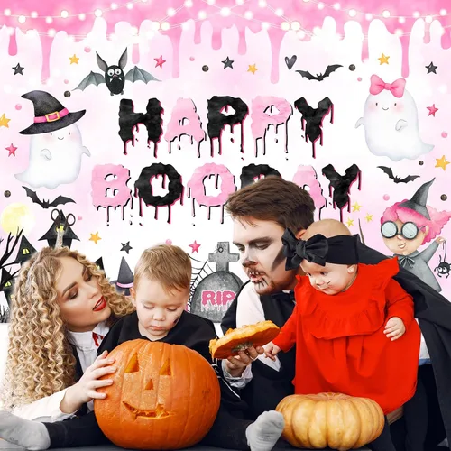 Miniatura 5 de Avezano Telón de fondo rosa de 7 x 5 pies, decoración de fiesta de cumpleaños de Halloween para niñas, suministros de pancartas de Halloween