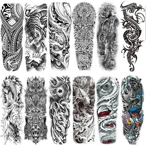 Miniatura 8 de Tatuaje temporal de brazo completo de Halloween para hombres y mujeres, 12 hojas de tatuajes temporales de manga de esqueleto de calavera, tatuajes