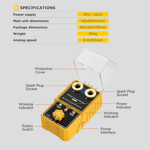 Miniatura 7 de SPT101 Probador de bujías de doble orificio - Probador de bobina de encendido ajustable de 0-6000 rpm con cubierta protectora Herramienta