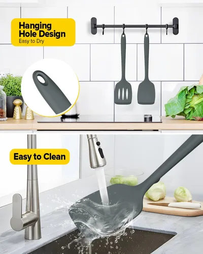 Miniatura 6 de Paquete de 2 espátulas volteadoras de silicona, juego de espátulas de cocina ranuradas antiadherentes, utensilios de cocina resistentes al calor sin