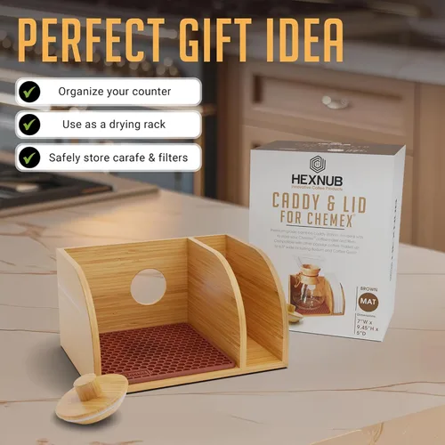 Miniatura 7 de HEXNUB Organizador y tapa para cafetera, soporte de bambú para jarras Chemex, Bodum, Cosori, tapete resistente al calor, soporte de filtro