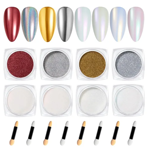 Miniatura 9 de Beetles Polvo Cromado para Uñas 2 Frascos Blanco y Púrpura Perla Cromer Polvo Cromado para Uñas para Gel Efecto Espejo Brillo Kit de Manicura Espejo