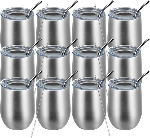 Miniatura 17 de MEWAY Vaso de vino sin tallo de 12 onzas con tapa, vaso de viaje de acero inoxidable con aislamiento de doble pared al vacío con popote, para Negro