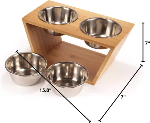 Miniatura 8 de BambooMN Comedero elevado para perros, soporte 100% bambú, 4 cuencos de metal para comida y agua, mediano