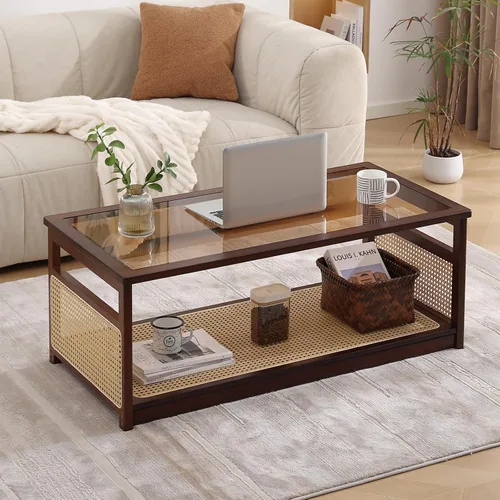 Miniatura 2 de Welnow Mesas de centro de ratán para sala de estar, moderna mesa de centro de 2 niveles, mesa de centro rectangular de mediados de siglo con estante
