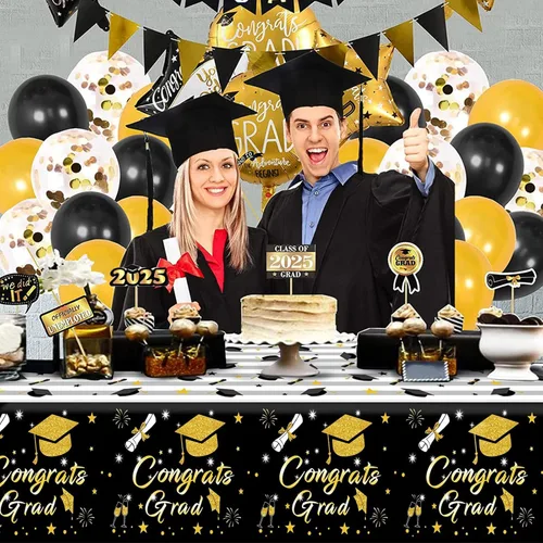 Miniatura 5 de Mantel de graduación 2026, paquete de 3 manteles gruesos negros y dorados de 54 x 108 pulgadas, fundas de mesa desechables de plástico
