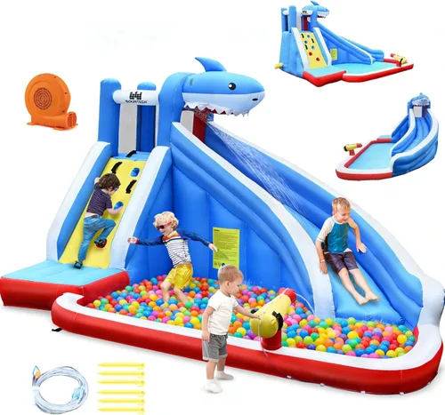 Miniatura 10 de BOUNTECH - Tobogán acuático inflable, parque de toboganes acuáticos con temática de tiburón para niños y adultos, diversión al aire libre