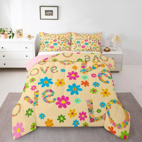 Miniatura 14 de Ropa de cama Groovy para niños, tamaño individual, edredón de flores psicodélicas retro de los años 70, estilo bohemio, exótico, hippie
