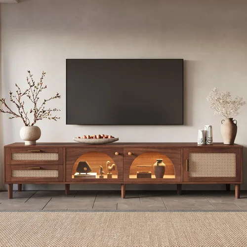 Miniatura 13 de JIVOIT Moderno soporte de TV de ratán para televisores de hasta 80 pulgadas, mesa consola inspirada en ratán con 3 gabinetes y 2 cajones, armario