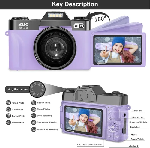 Miniatura 6 de Cámaras digitales para fotografía, cámara de videoblogs 4K de 56 megapíxeles con zoom digital 16X, enfoque manual recargable, cámara compacta