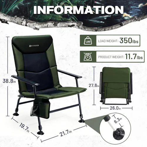 Miniatura 7 de X Strike Silla de pesca plegable de gran tamaño con soporte para caña, resistente, 350 libras, pies ajustables y acolchados, silla de camping