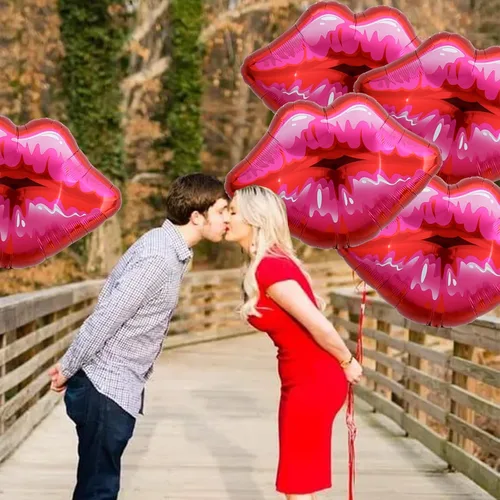 Miniatura 5 de Paquete de 10 globos grandes de labios rojos y rosados, globos de corazón para decoración de fiestas temáticas de maquillaje, aniversario, Kiss the