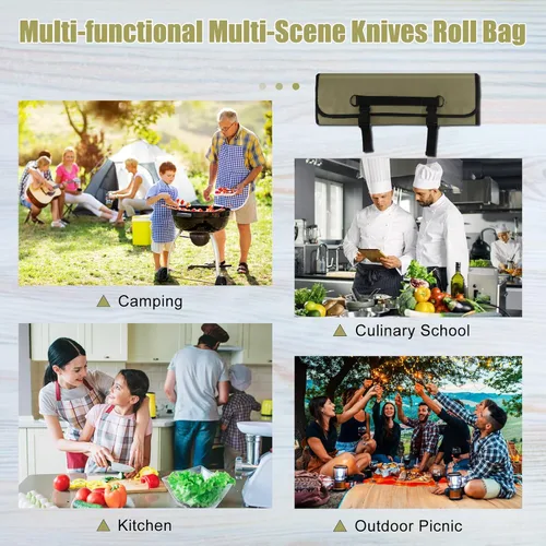 Miniatura 7 de QIQU Bolsa de Cuchillos de Chef Verde Militar con 10 Ranuras Portacuchillos de Cuchillería Protectores, Herramientas de Cocina para el Hogar Viajes