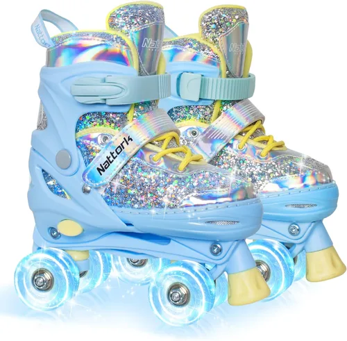 Miniatura 10 de Nattork Patines de ruedas para niñas y niños, 4 tamaños ajustables para niñas de 3 a 12 años con ruedas iluminadas y protección de seguridad, regalo