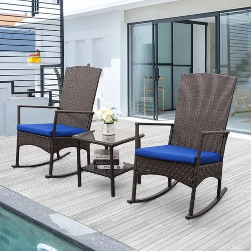 Miniatura 10 de Mecedora de mimbre de polietileno para exteriores, juego de 3 piezas, 2 sillones mecedores, mesa auxiliar de café, muebles lavables con cordones