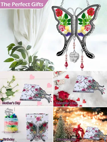 Miniatura 6 de KY&BOSAM Atrapasoles de mariposa con texto en inglés "I Love You Sister" para ventanas con flores secas y prensadas reales, dije de corazón grabado