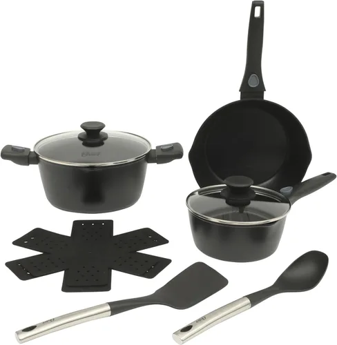 Miniatura 12 de Oster Hawke - Juego de ollas y sartenes de cerámica antiadherente de aluminio de alta calidad sin PFA, con base de inducción Negro / Azul (Hawke)