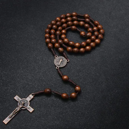 Miniatura 5 de KOMI Rosarios católicos de madera hechos a mano, collar de cuentas de rosario de madera de Belén, medalla de suelo santo y cruz de metal para regalo