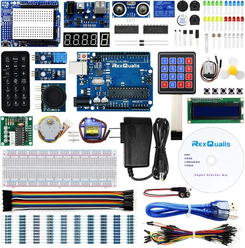 Kit de inicio súper REXQualis basado en Arduino UNO R3 con tutorial y placa controladora compatible con Arduino IDE