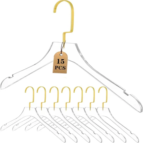 Besser - Perchas acrílicas transparentes, paquete de 15 unidades, perchas acrílicas de alta calidad transparentes con ganchos dorados, perchas de