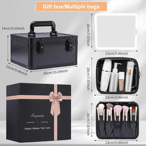 Miniatura 5 de Estuche de maquillaje con espejo LED, estuche rígido de viaje con espejo iluminado recargable y divisores ajustables, bolsa de almacenamiento