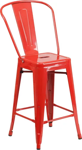 Miniatura 3 de Merrick Lane Taburete de altura de mostrador de la serie Dothan - Acabado rojo - Marco de metal con soporte cruzado - Práctico respaldo extraíble