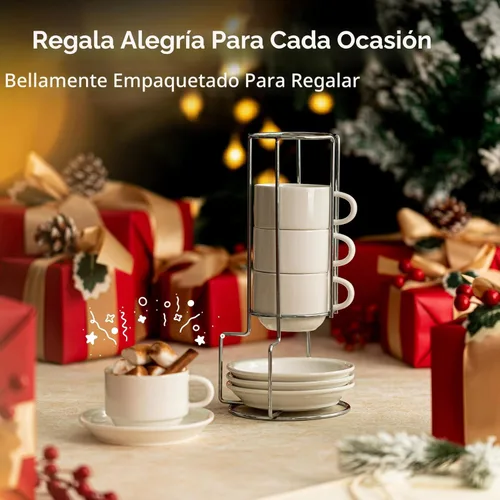 Miniatura 5 de Sweese Tazas apilables de porcelana para capuchino de 8 onzas con platillos y soporte de metal, para bebidas de café especiales, capuchino, latte