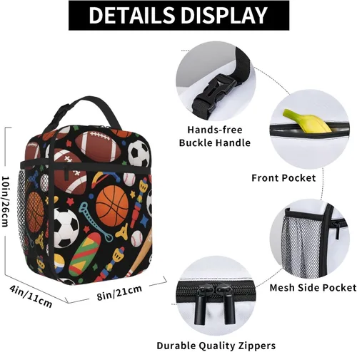 Miniatura 5 de Bolsa de almuerzo divertida para niños con pelotas deportivas, bolsa reutilizable para baloncesto, fútbol, fútbol americano y béisbol, lonchera
