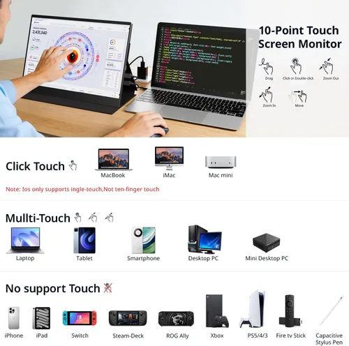 Miniatura 7 de AYY Monitor portátil 4k, pantalla táctil de 13.4" 3840x2160 Segunda pantalla 100% sRGB, 400cd HDR USB C Ultra Slim IPS Monitor portátil para Mac