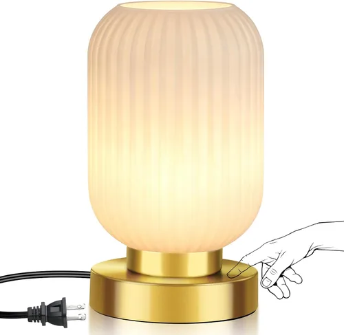 Miniatura 8 de Lámpara de mesa moderna de mediados de siglo, control táctil y regulable de 3 vías, pantalla de vidrio acanalado verde, dorado pequeño, lámpara