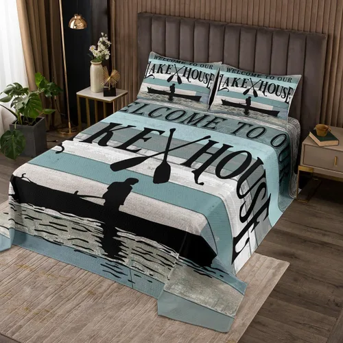Miniatura 6 de Feelyou Juego de colcha de casa de lago, tamaño King, rústico, con diseño de lago y reglas del lago, colección de ropa de cama retro con tablones