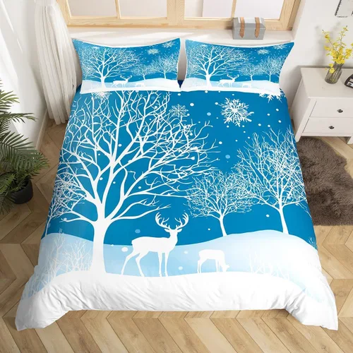 Miniatura 10 de Juego de ropa de cama de 3 piezas con diseño de muñeco de nieve, funda de edredón con temática de invierno, funda de edredón con temática de Feliz