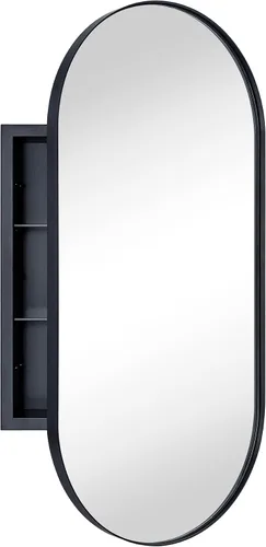 Miniatura 3 de Botiquín de baño empotrado ovalado negro mate con espejo de acero inoxidable con marco de metal oblongo, gabinete de baño con espejo de 16 x 33