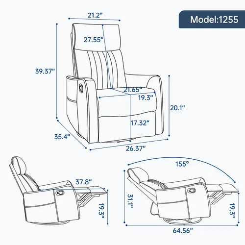 Miniatura 8 de Sillón reclinable de masaje de respaldo alto con calor, mecedora giratoria para espacios pequeños, sillón reclinable manual para adultos, perfecto