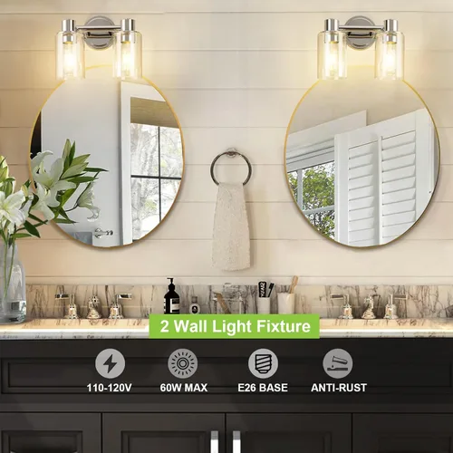 Miniatura 4 de Apliques de Pared de Baño de 2 Luces con Cristal Transparente, Luces de Pared de Baño Sobre Espejo, Luces de Tocador Cromadas con Base E26 Cromo