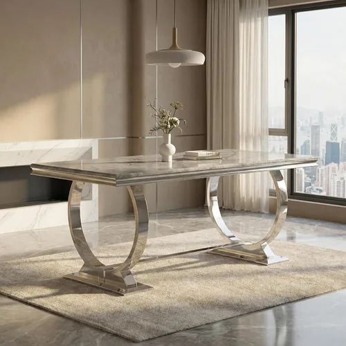 Miniatura 10 de Asday Mesa de comedor negra y dorada, mesa de comedor de lujo de 70 pulgadas con base en U de metal de acero inoxidable dorado para 4-8