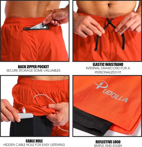 Miniatura 5 de Pudolla Mens 2 in 1 Running Shorts 7" Quick Dry Gym Athletic Workout Shorts for Men with Phone Pockets