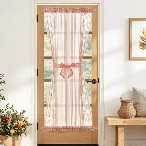 Miniatura 36 de jinchan Cortina de puerta francesa semitransparente con lazos de amarre, cortina de privacidad de gasa bordada floral para puerta de patio, armario